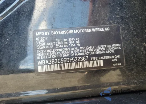 2013 BMW 328 Xi из США, поврежденный, VIN WBA3B3C56DF532367